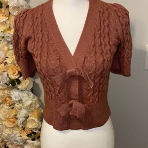 Express Rust Cable Knit Cardigan with Bow Details